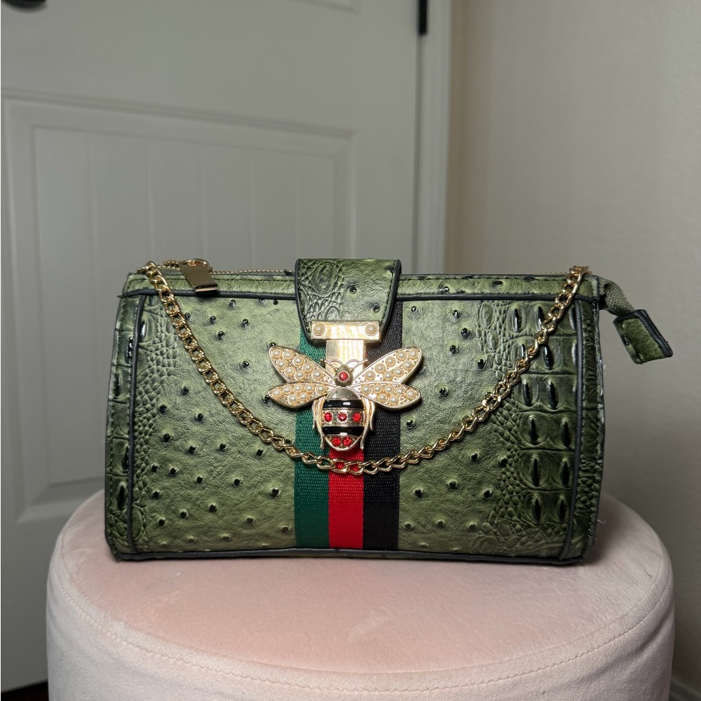 Queen bee stripe crossbody clutch, wristlet in green